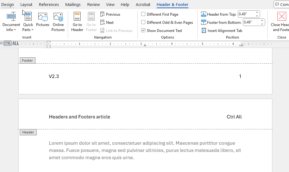 Inserting a quick part field in Word